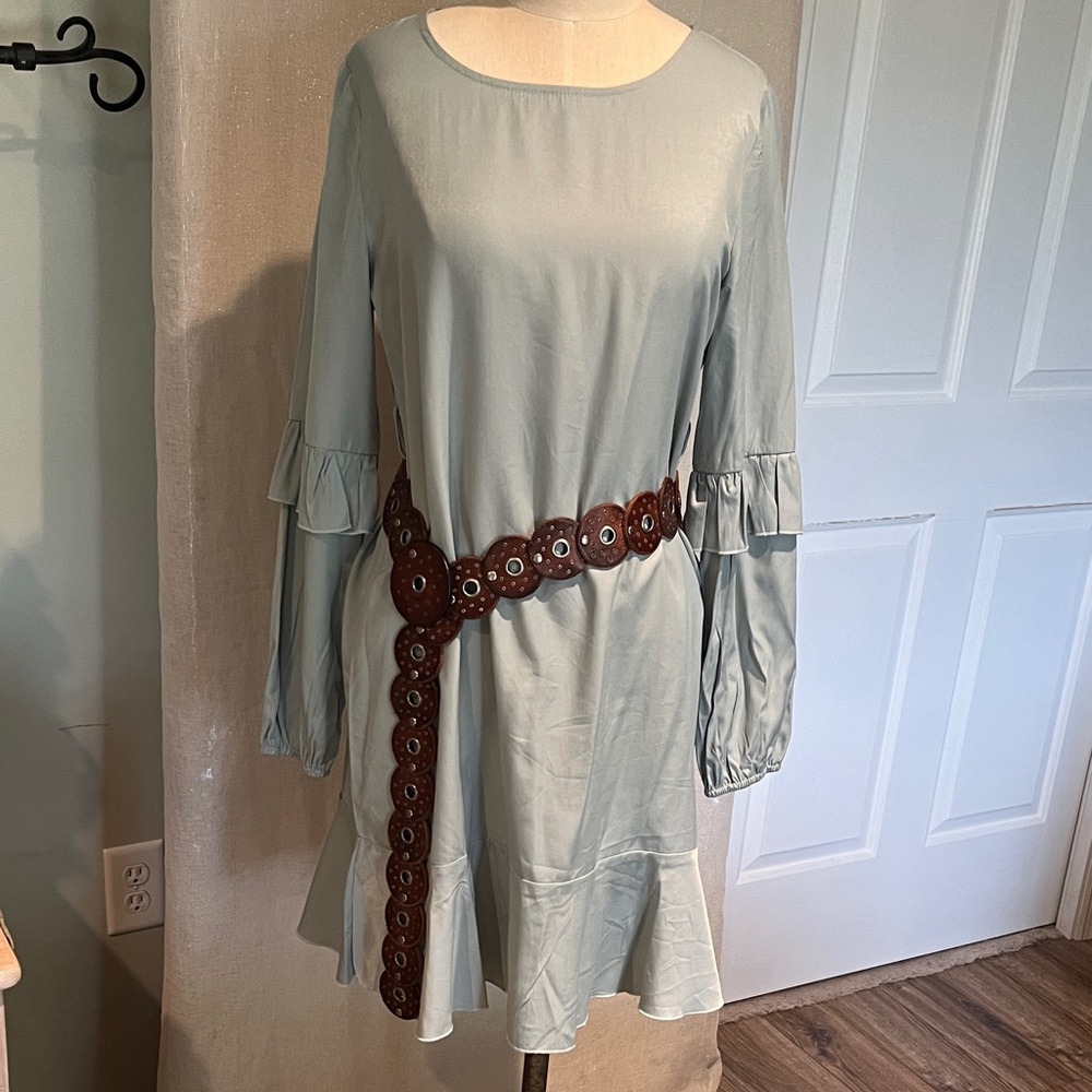 Women’s Light Sage Long Sleeve Ruffle Hem Dress